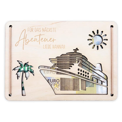 Kreuzfahrt Geldgeschenk Reise Schiffsreise personalisierte Geld Verpackung Urlaub Reisegutschein Reisekasse Geschenkkarte aus Holz 12x17