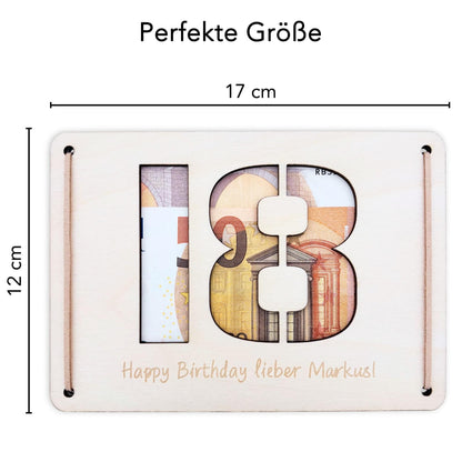 Geldgeschenk 18. Geburtstag personalisierte Geburtstagskarte Geldverpackung Verpackung Geld Geburtstagsgeschenk Geschenkkarte Holz 12x17 cm