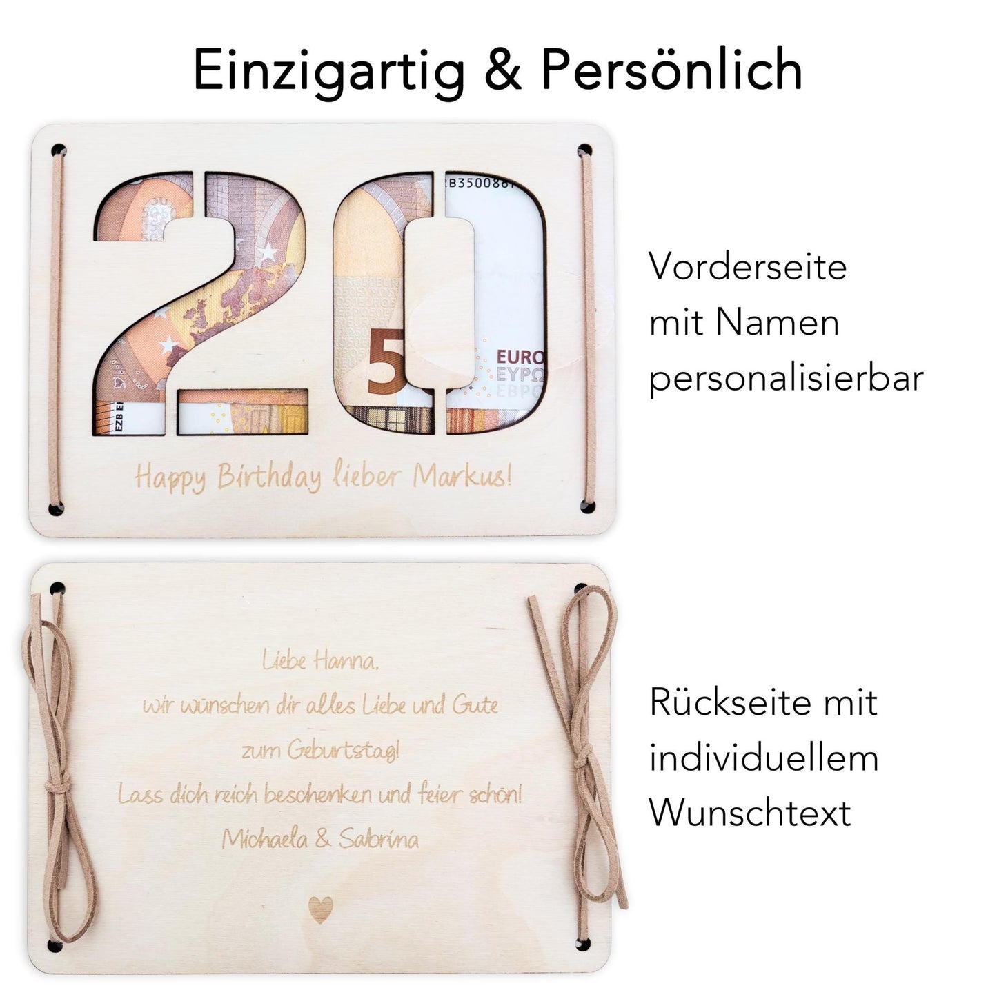Geldgeschenk 20. Geburtstag personalisierte Geburtstagskarte Geldverpackung Verpackung Geld Geburtstagsgeschenk Geschenkkarte Holz 12x17 cm
