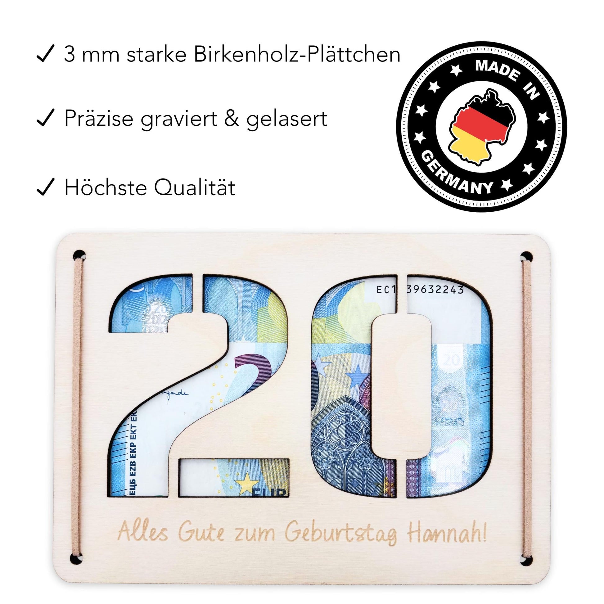 Geldgeschenk 20. Geburtstag personalisierte Geburtstagskarte Geldverpackung Verpackung Geld Geburtstagsgeschenk Geschenkkarte Holz 12x17 cm