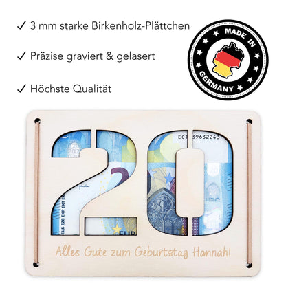 Geldgeschenk 20. Geburtstag personalisierte Geburtstagskarte Geldverpackung Verpackung Geld Geburtstagsgeschenk Geschenkkarte Holz 12x17 cm