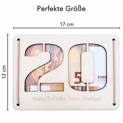 Geldgeschenk 20. Geburtstag personalisierte Geburtstagskarte Geldverpackung Verpackung Geld Geburtstagsgeschenk Geschenkkarte Holz 12x17 cm