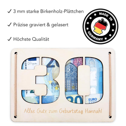 Geldgeschenk 30. Geburtstag personalisierte Geburtstagskarte Geldverpackung Verpackung Geld Geburtstagsgeschenk Geschenkkarte Holz 12x17 cm