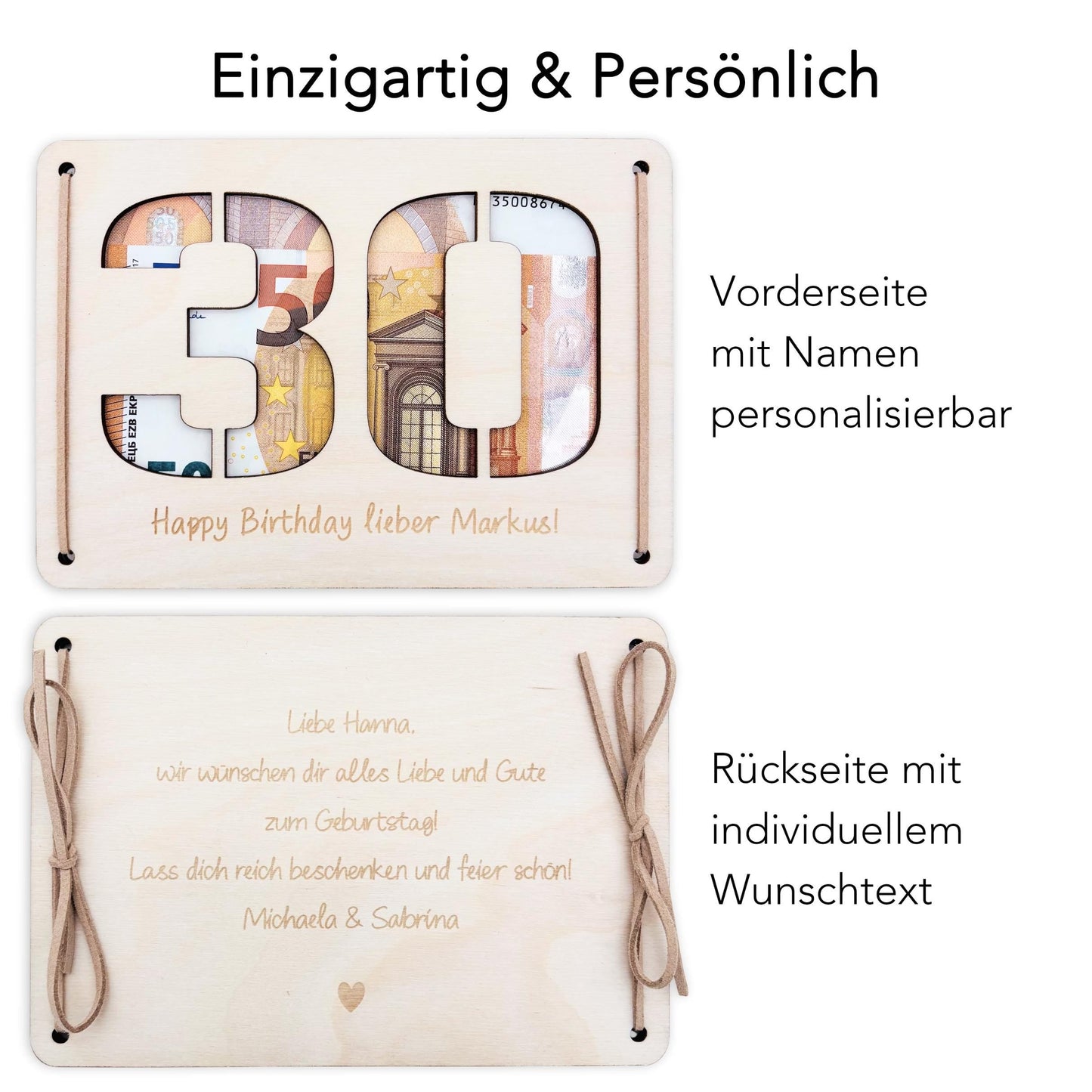 Geldgeschenk 30. Geburtstag personalisierte Geburtstagskarte Geldverpackung Verpackung Geld Geburtstagsgeschenk Geschenkkarte Holz 12x17 cm