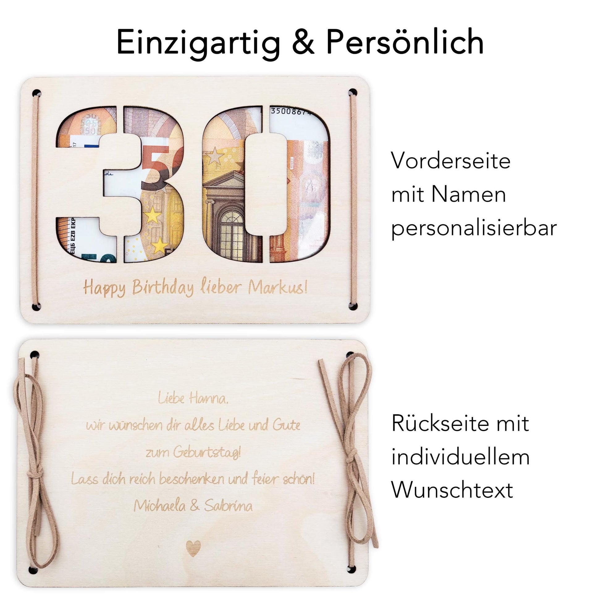 Geldgeschenk 30. Geburtstag personalisierte Geburtstagskarte Geldverpackung Verpackung Geld Geburtstagsgeschenk Geschenkkarte Holz 12x17 cm
