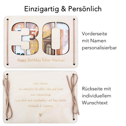 Geldgeschenk 30. Geburtstag personalisierte Geburtstagskarte Geldverpackung Verpackung Geld Geburtstagsgeschenk Geschenkkarte Holz 12x17 cm