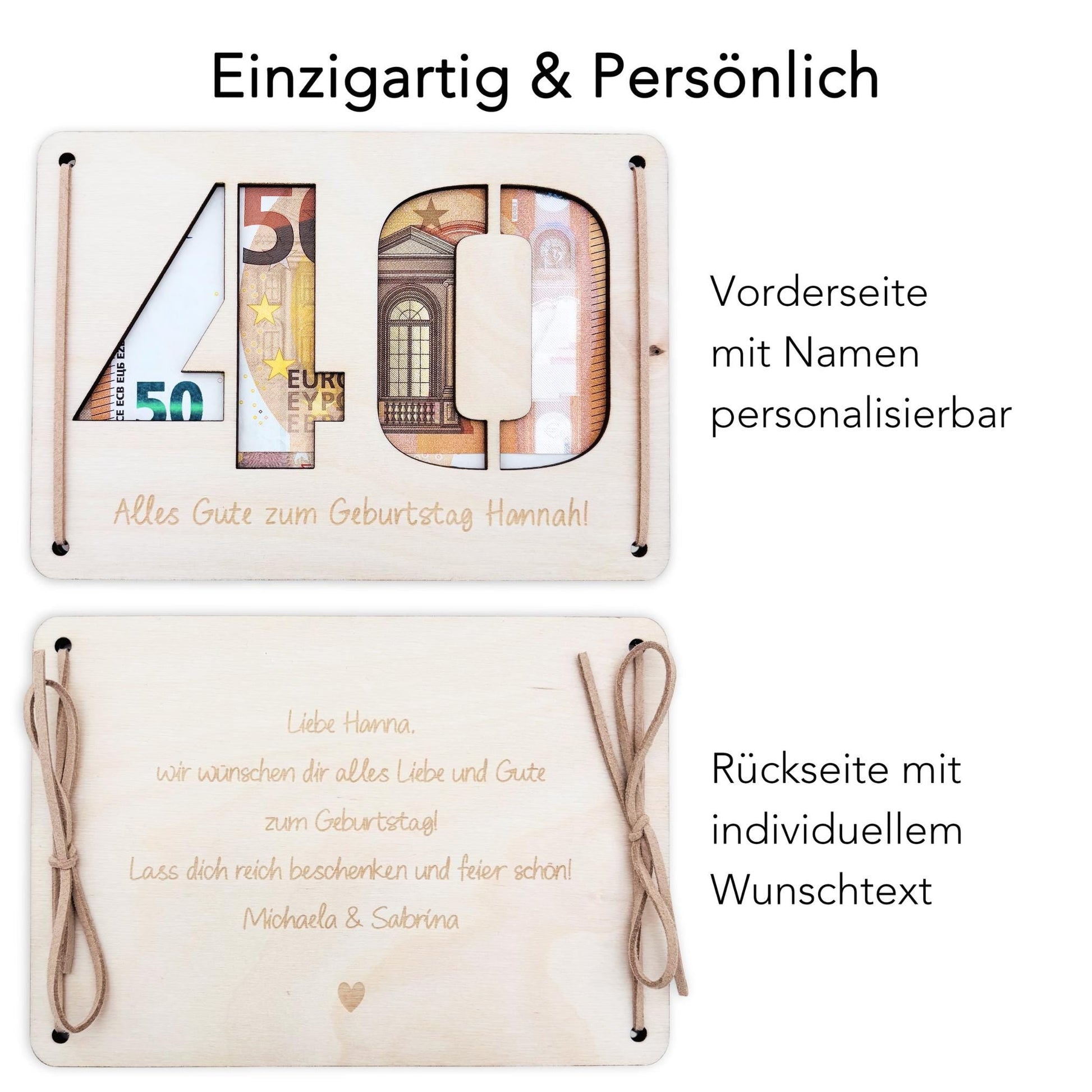 Geldgeschenk 40. Geburtstag personalisierte Geburtstagskarte Geldverpackung Verpackung Geld Geburtstagsgeschenk Geschenkkarte Holz 12x17 cm