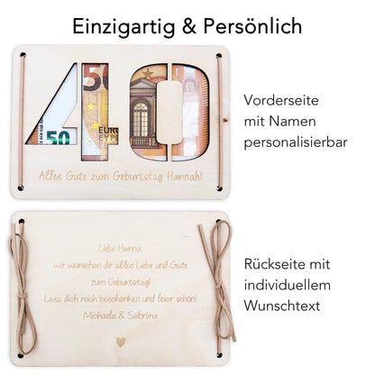 Geldgeschenk 40. Geburtstag personalisierte Geburtstagskarte Geldverpackung Verpackung Geld Geburtstagsgeschenk Geschenkkarte Holz 12x17 cm