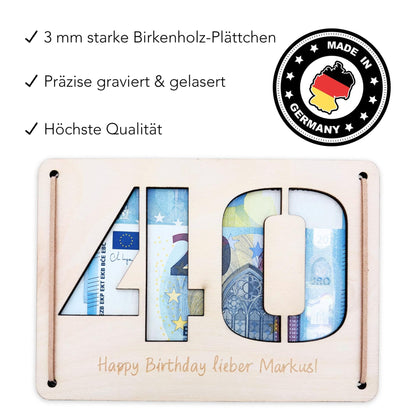 Geldgeschenk 40. Geburtstag personalisierte Geburtstagskarte Geldverpackung Verpackung Geld Geburtstagsgeschenk Geschenkkarte Holz 12x17 cm