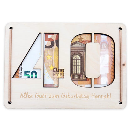 Geldgeschenk 40. Geburtstag personalisierte Geburtstagskarte Geldverpackung Verpackung Geld Geburtstagsgeschenk Geschenkkarte Holz 12x17 cm