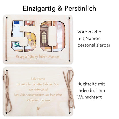 Geldgeschenk 50. Geburtstag personalisierte Geburtstagskarte Geldverpackung Verpackung Geld Geburtstagsgeschenk Geschenkkarte Holz 12x17 cm