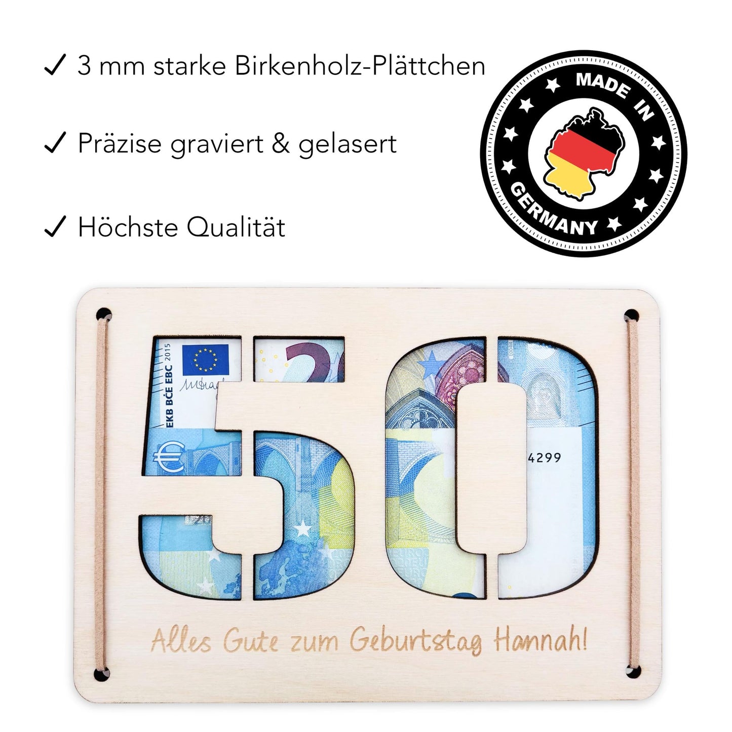 Geldgeschenk 50. Geburtstag personalisierte Geburtstagskarte Geldverpackung Verpackung Geld Geburtstagsgeschenk Geschenkkarte Holz 12x17 cm
