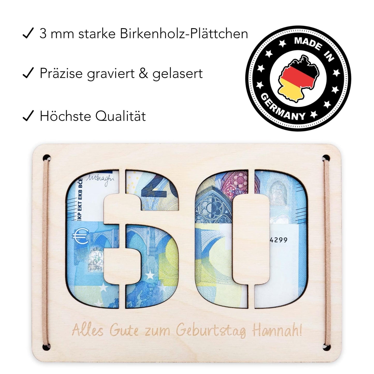 Geldgeschenk 60. Geburtstag personalisierte Geburtstagskarte Geldverpackung Verpackung Geld Geburtstagsgeschenk Geschenkkarte Holz 12x17 cm