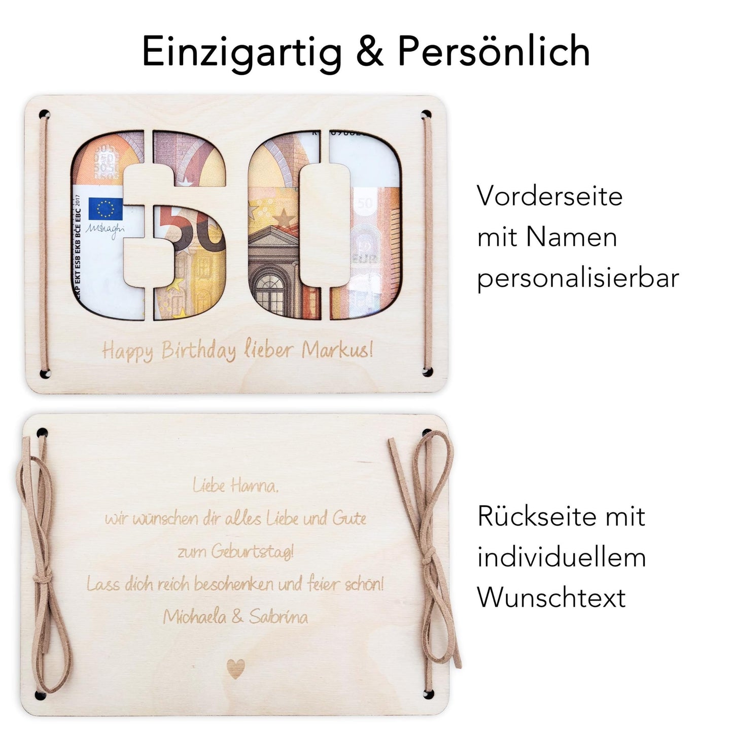 Geldgeschenk 60. Geburtstag personalisierte Geburtstagskarte Geldverpackung Verpackung Geld Geburtstagsgeschenk Geschenkkarte Holz 12x17 cm