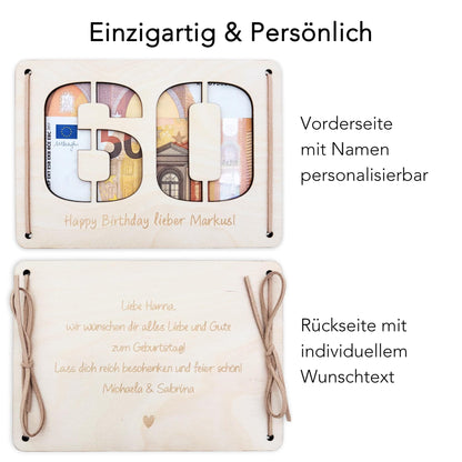 Geldgeschenk 60. Geburtstag personalisierte Geburtstagskarte Geldverpackung Verpackung Geld Geburtstagsgeschenk Geschenkkarte Holz 12x17 cm