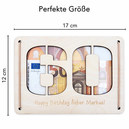 Geldgeschenk 60. Geburtstag personalisierte Geburtstagskarte Geldverpackung Verpackung Geld Geburtstagsgeschenk Geschenkkarte Holz 12x17 cm