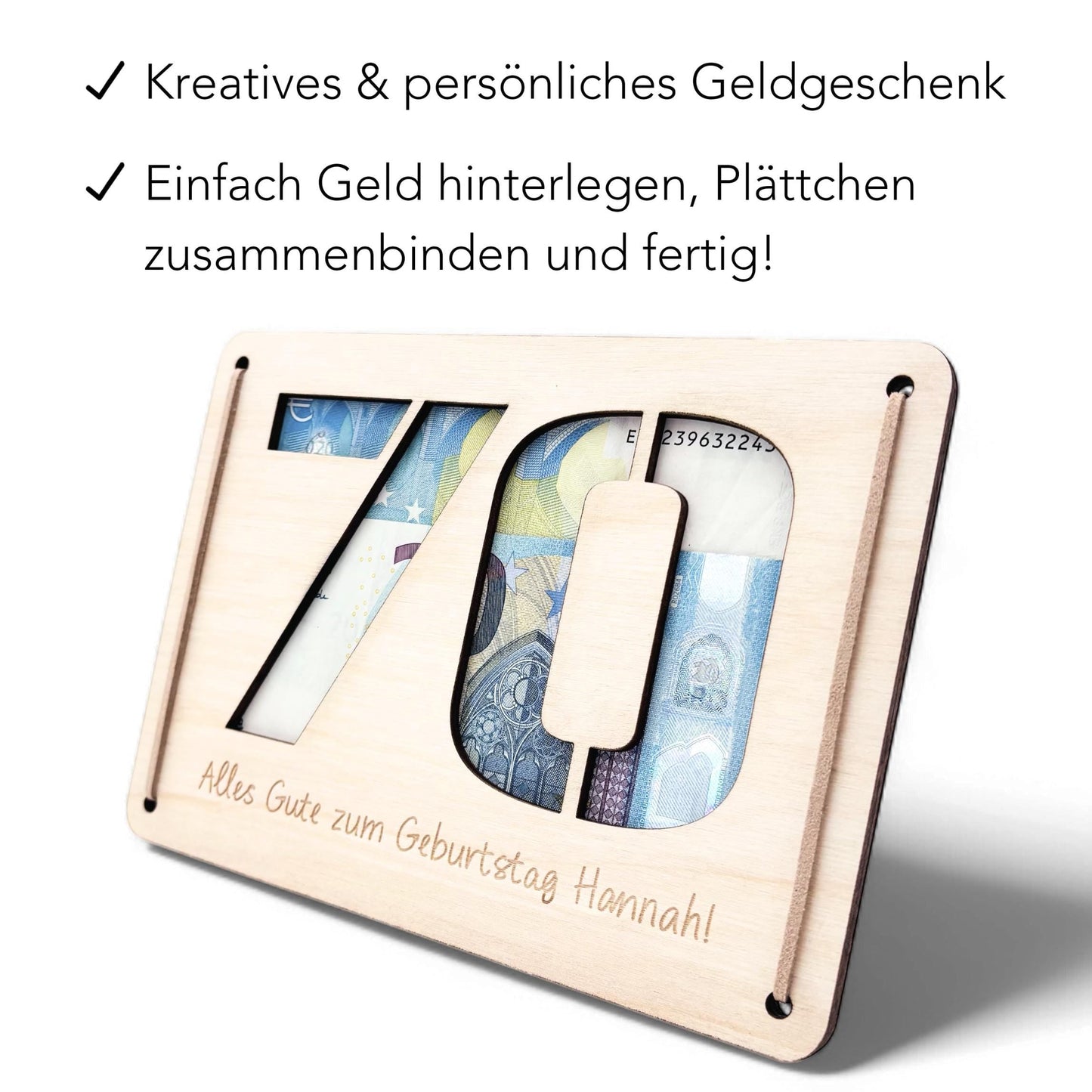 Geldgeschenk 70. Geburtstag personalisierte Geburtstagskarte Geldverpackung Verpackung Geld Geburtstagsgeschenk Geschenkkarte Holz 12x17 cm