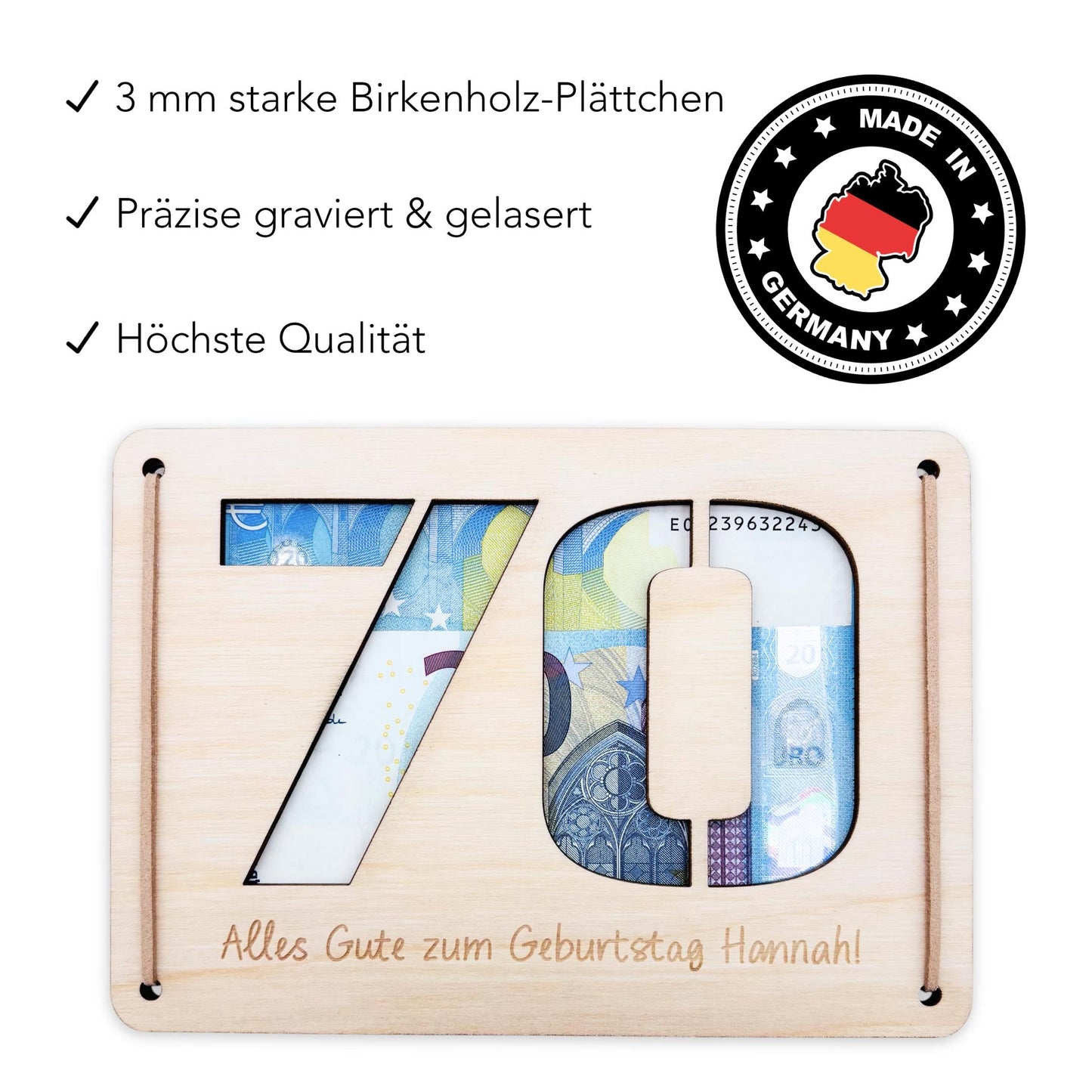 Geldgeschenk 70. Geburtstag personalisierte Geburtstagskarte Geldverpackung Verpackung Geld Geburtstagsgeschenk Geschenkkarte Holz 12x17 cm