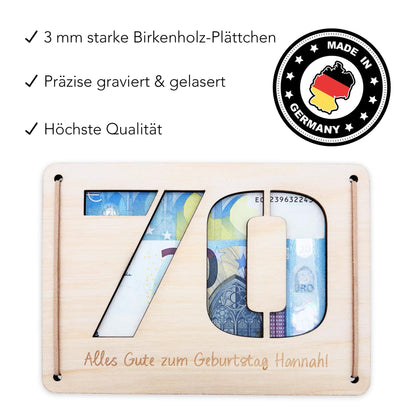 Geldgeschenk 70. Geburtstag personalisierte Geburtstagskarte Geldverpackung Verpackung Geld Geburtstagsgeschenk Geschenkkarte Holz 12x17 cm