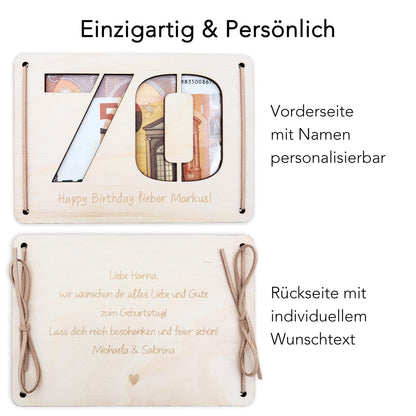 Geldgeschenk 70. Geburtstag personalisierte Geburtstagskarte Geldverpackung Verpackung Geld Geburtstagsgeschenk Geschenkkarte Holz 12x17 cm