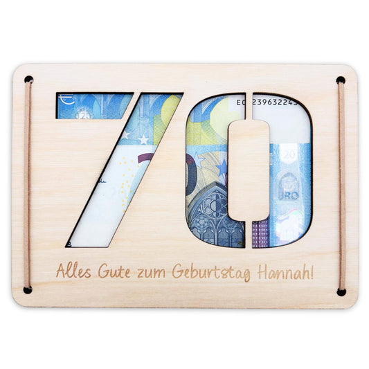 Geldgeschenk 70. Geburtstag personalisierte Geburtstagskarte Geldverpackung Verpackung Geld Geburtstagsgeschenk Geschenkkarte Holz 12x17 cm