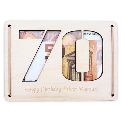 Geldgeschenk 70. Geburtstag personalisierte Geburtstagskarte Geldverpackung Verpackung Geld Geburtstagsgeschenk Geschenkkarte Holz 12x17 cm