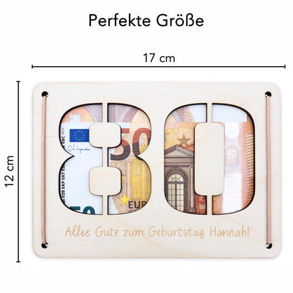 Geldgeschenk 80. Geburtstag personalisierte Geburtstagskarte Geldverpackung Verpackung Geld Geburtstagsgeschenk Geschenkkarte Holz 12x17 cm