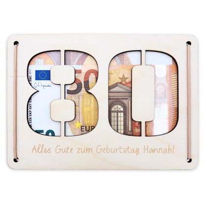 Geldgeschenk 80. Geburtstag personalisierte Geburtstagskarte Geldverpackung Verpackung Geld Geburtstagsgeschenk Geschenkkarte Holz 12x17 cm