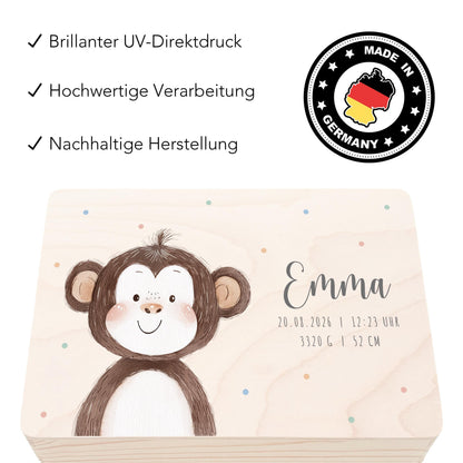 Erinnerungskiste Baby Affe Holzkiste personalisierte Erinnerungsbox Mädchen Junge Geschenk Geburt Geburtsgeschenk 30x20x13 cm