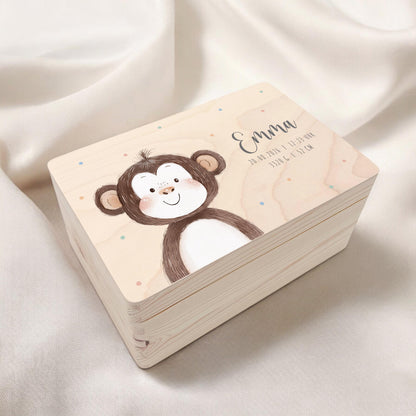 Erinnerungskiste Baby Affe Holzkiste personalisierte Erinnerungsbox Mädchen Junge Geschenk Geburt Geburtsgeschenk 30x20x13 cm