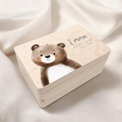 Erinnerungskiste Baby Bär Holzkiste personalisierte Erinnerungsbox Mädchen Junge Geschenk Geburt Geburtsgeschenk 30x20x13 cm