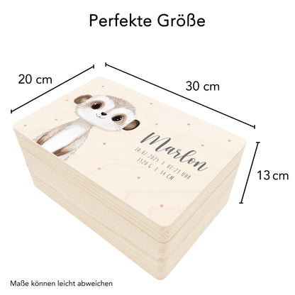 Erinnerungskiste Baby Erdmännchen Holzkiste personalisierte Erinnerungsbox Geschenk Geburt Geburtsgeschenk 30x20x13 cm