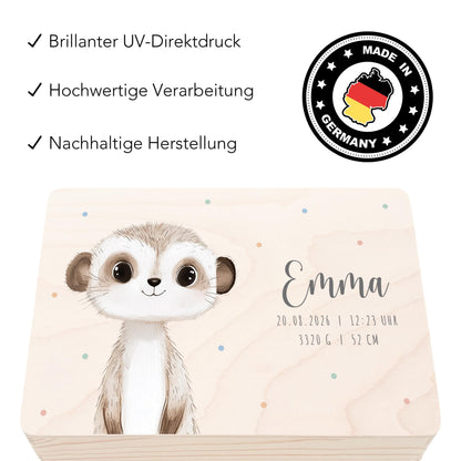 Erinnerungskiste Baby Erdmännchen Holzkiste personalisierte Erinnerungsbox Geschenk Geburt Geburtsgeschenk 30x20x13 cm