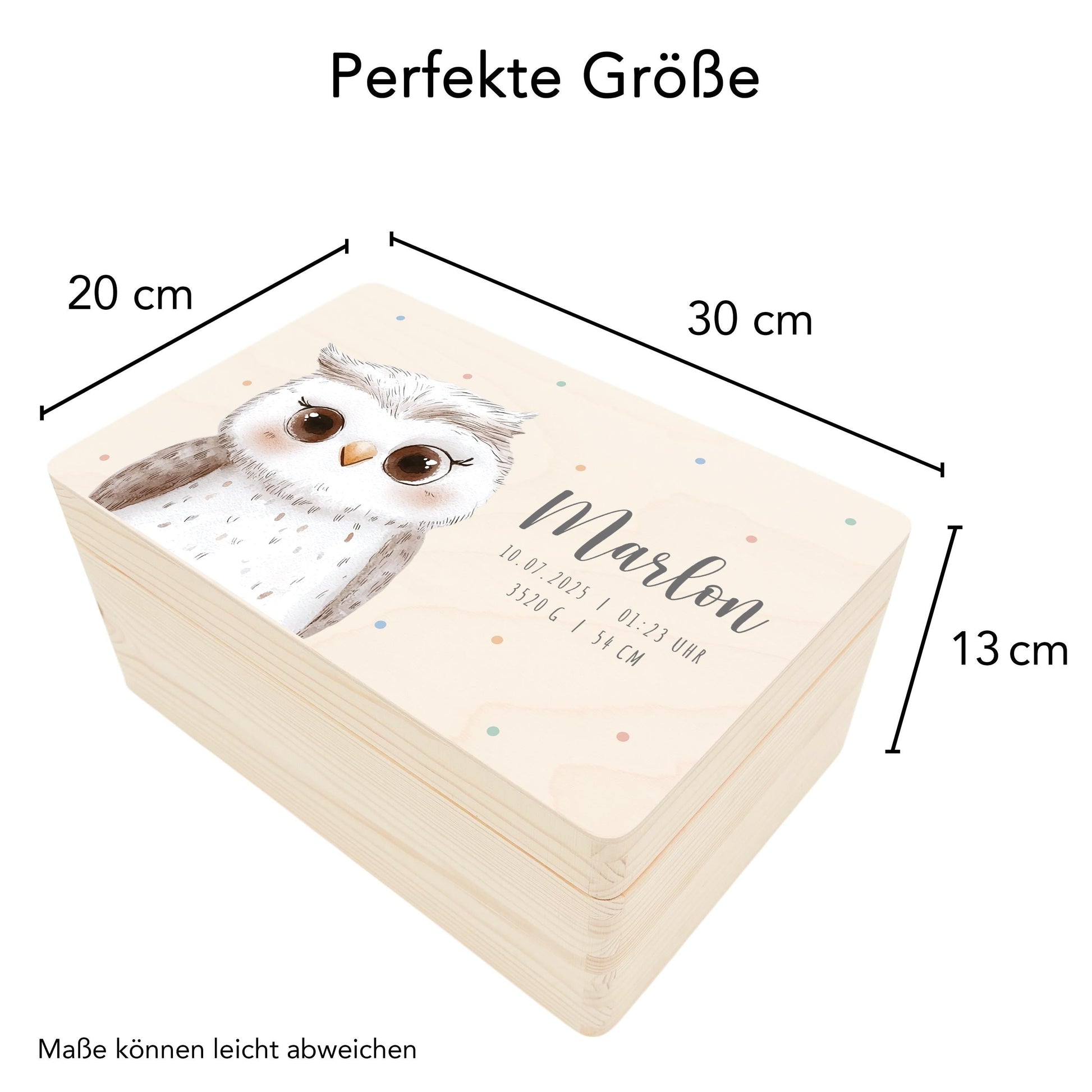 Erinnerungskiste Baby Eule Holzkiste personalisierte Erinnerungsbox Mädchen Junge Geschenk Geburt Geburtsgeschenk 30x20x13 cm