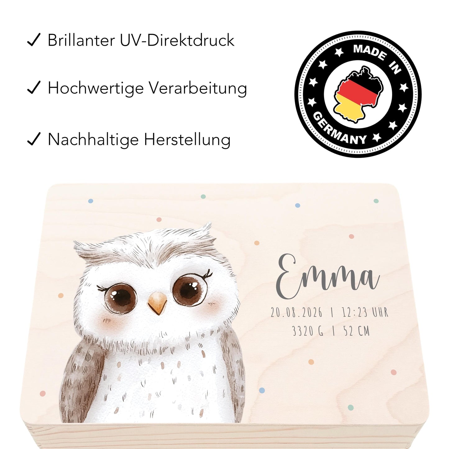 Erinnerungskiste Baby Eule Holzkiste personalisierte Erinnerungsbox Mädchen Junge Geschenk Geburt Geburtsgeschenk 30x20x13 cm