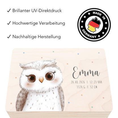 Erinnerungskiste Baby Eule Holzkiste personalisierte Erinnerungsbox Mädchen Junge Geschenk Geburt Geburtsgeschenk 30x20x13 cm