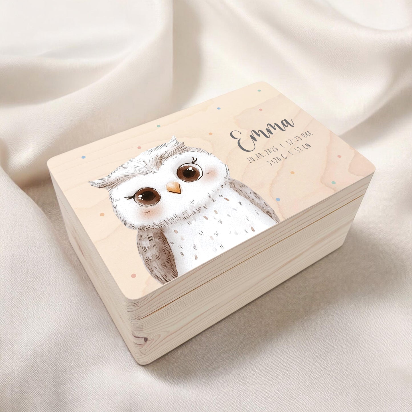 Erinnerungskiste Baby Eule Holzkiste personalisierte Erinnerungsbox Mädchen Junge Geschenk Geburt Geburtsgeschenk 30x20x13 cm