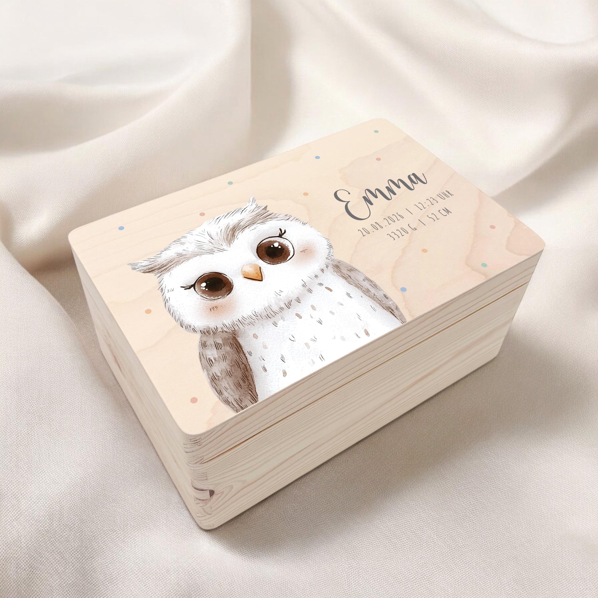 Erinnerungskiste Baby Eule Holzkiste personalisierte Erinnerungsbox Mädchen Junge Geschenk Geburt Geburtsgeschenk 30x20x13 cm