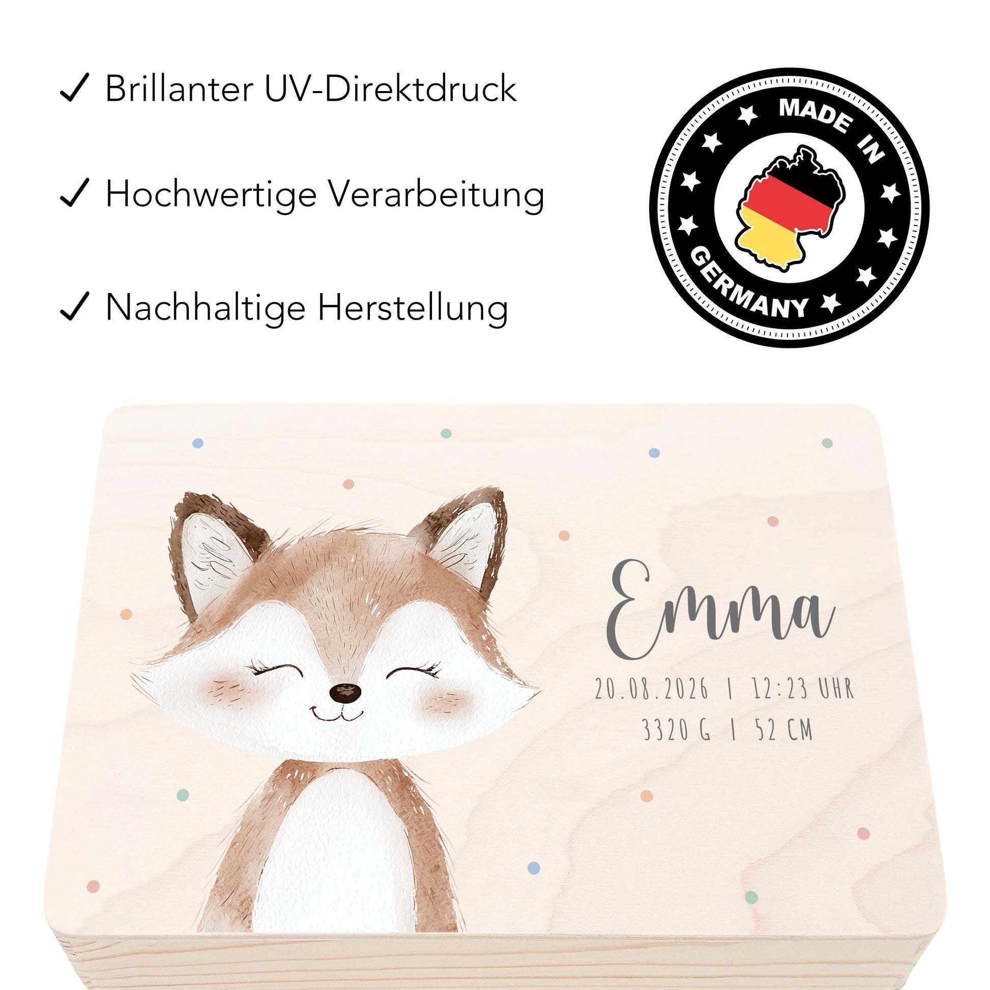 Erinnerungskiste Baby Fuchs Holzkiste personalisierte Erinnerungsbox Geschenk Geburt Geburtsgeschenk 30x20x13 cm