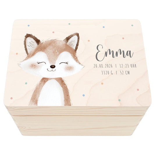 Erinnerungskiste Baby Fuchs Holzkiste personalisierte Erinnerungsbox Geschenk Geburt Geburtsgeschenk 30x20x13 cm