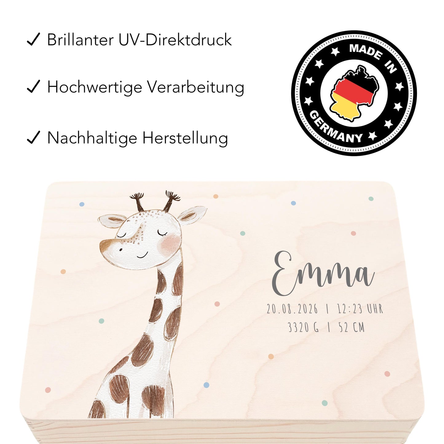 Erinnerungskiste Baby Giraffe Holzkiste personalisierte Erinnerungsbox Mädchen Junge Geschenk Geburt Geburtsgeschenk 30x20x13 cm