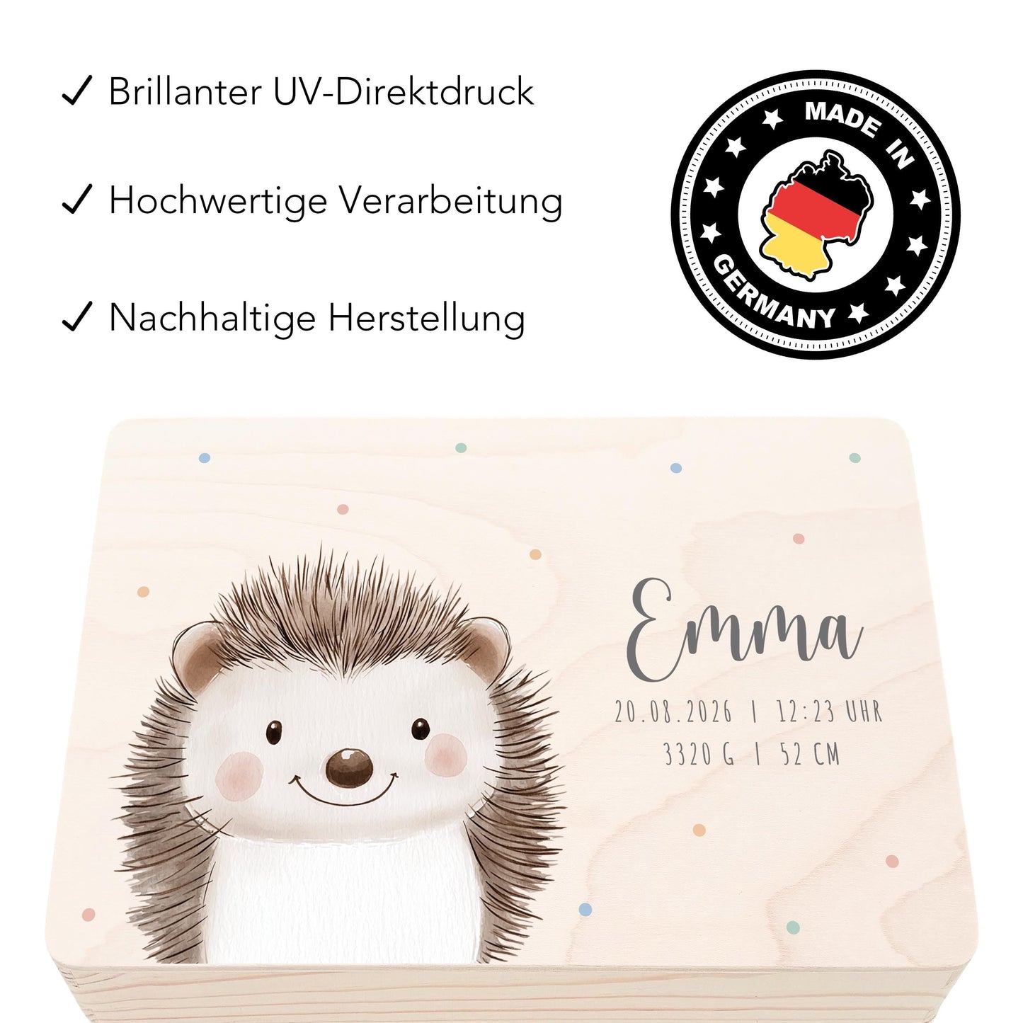 Erinnerungskiste Baby Igel Holzkiste personalisierte Erinnerungsbox Mädchen Junge Geschenk Geburt Geburtsgeschenk 30x20x13 cm