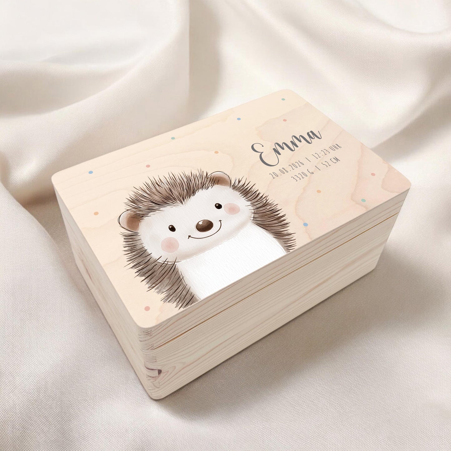 Erinnerungskiste Baby Igel Holzkiste personalisierte Erinnerungsbox Mädchen Junge Geschenk Geburt Geburtsgeschenk 30x20x13 cm