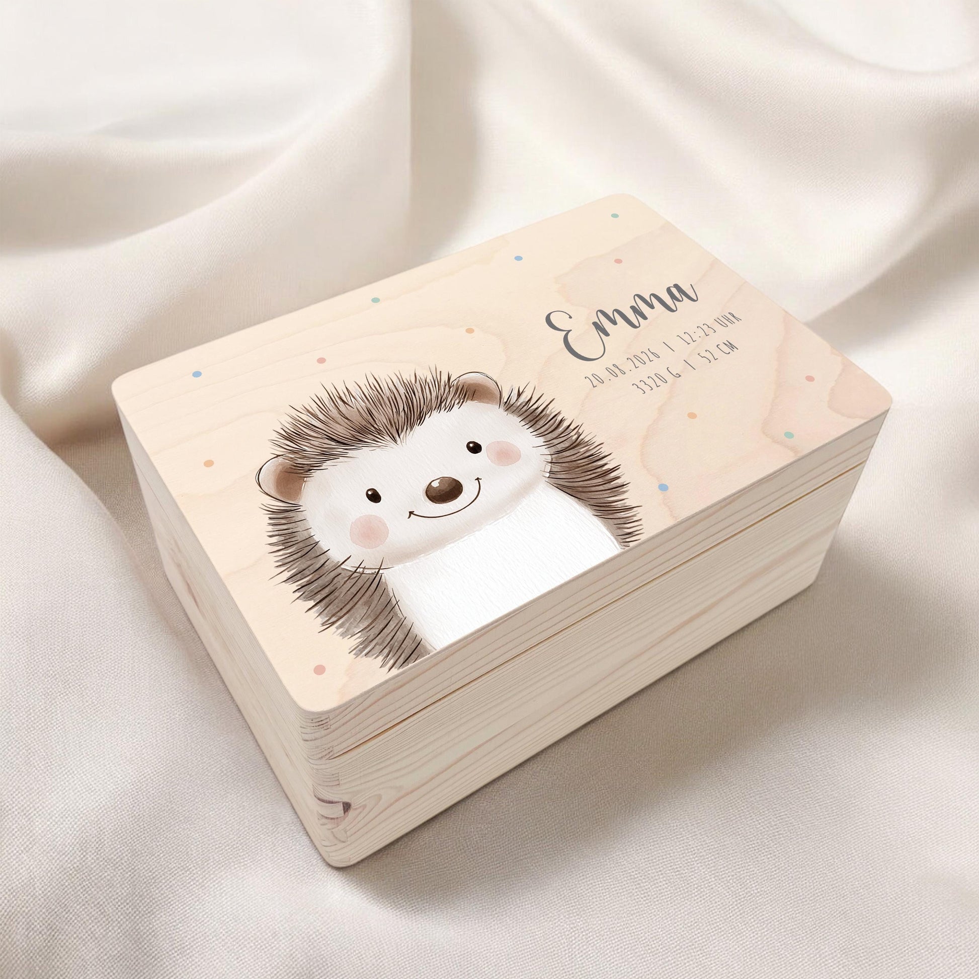 Erinnerungskiste Baby Igel Holzkiste personalisierte Erinnerungsbox Mädchen Junge Geschenk Geburt Geburtsgeschenk 30x20x13 cm