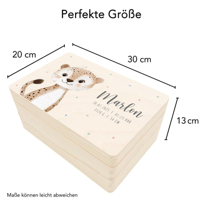 Erinnerungskiste Baby Leopard Holzkiste personalisierte Erinnerungsbox Mädchen Junge Geschenk Geburt Geburtsgeschenk 30x20x13 cm