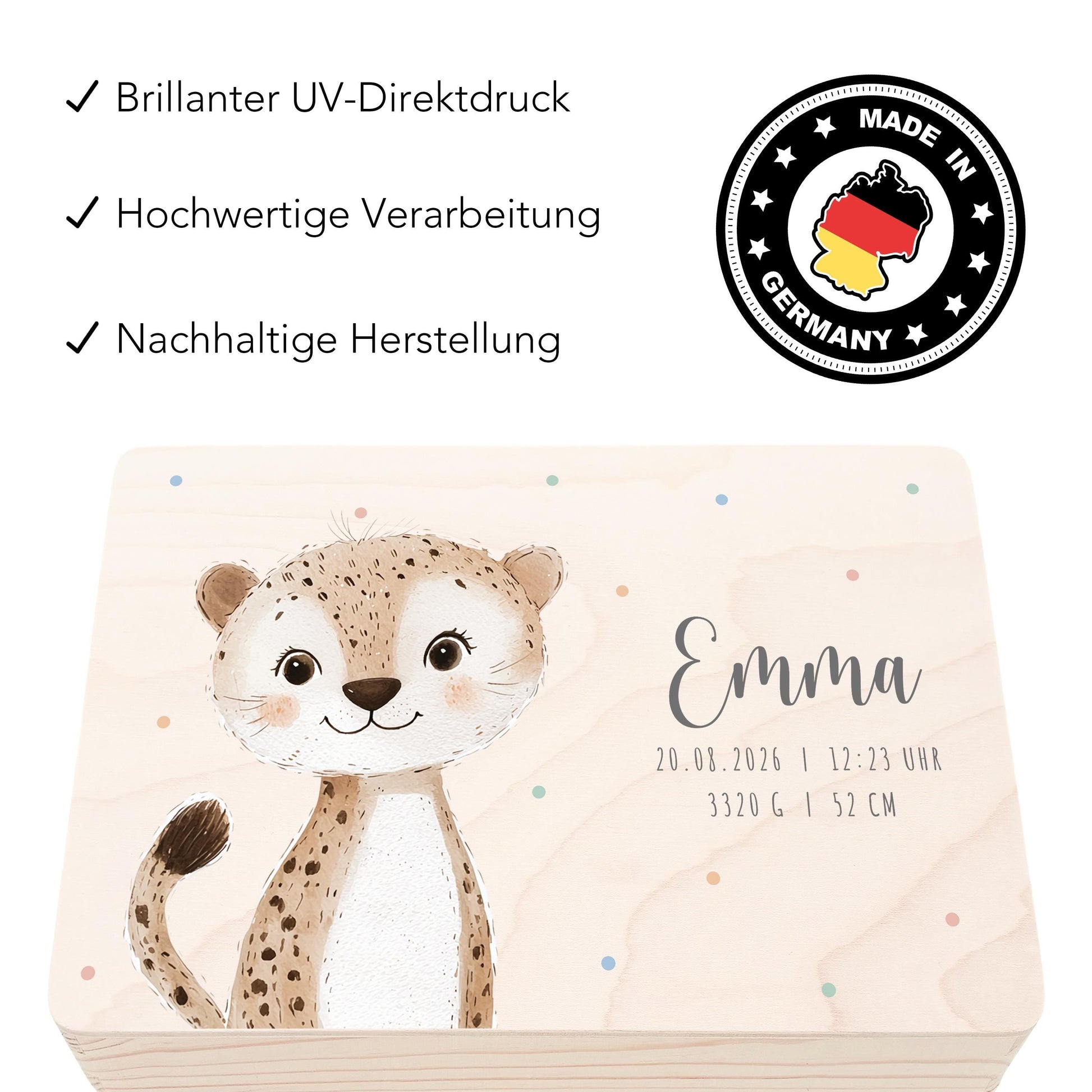 Erinnerungskiste Baby Leopard Holzkiste personalisierte Erinnerungsbox Mädchen Junge Geschenk Geburt Geburtsgeschenk 30x20x13 cm