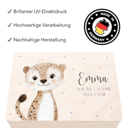 Erinnerungskiste Baby Leopard Holzkiste personalisierte Erinnerungsbox Mädchen Junge Geschenk Geburt Geburtsgeschenk 30x20x13 cm