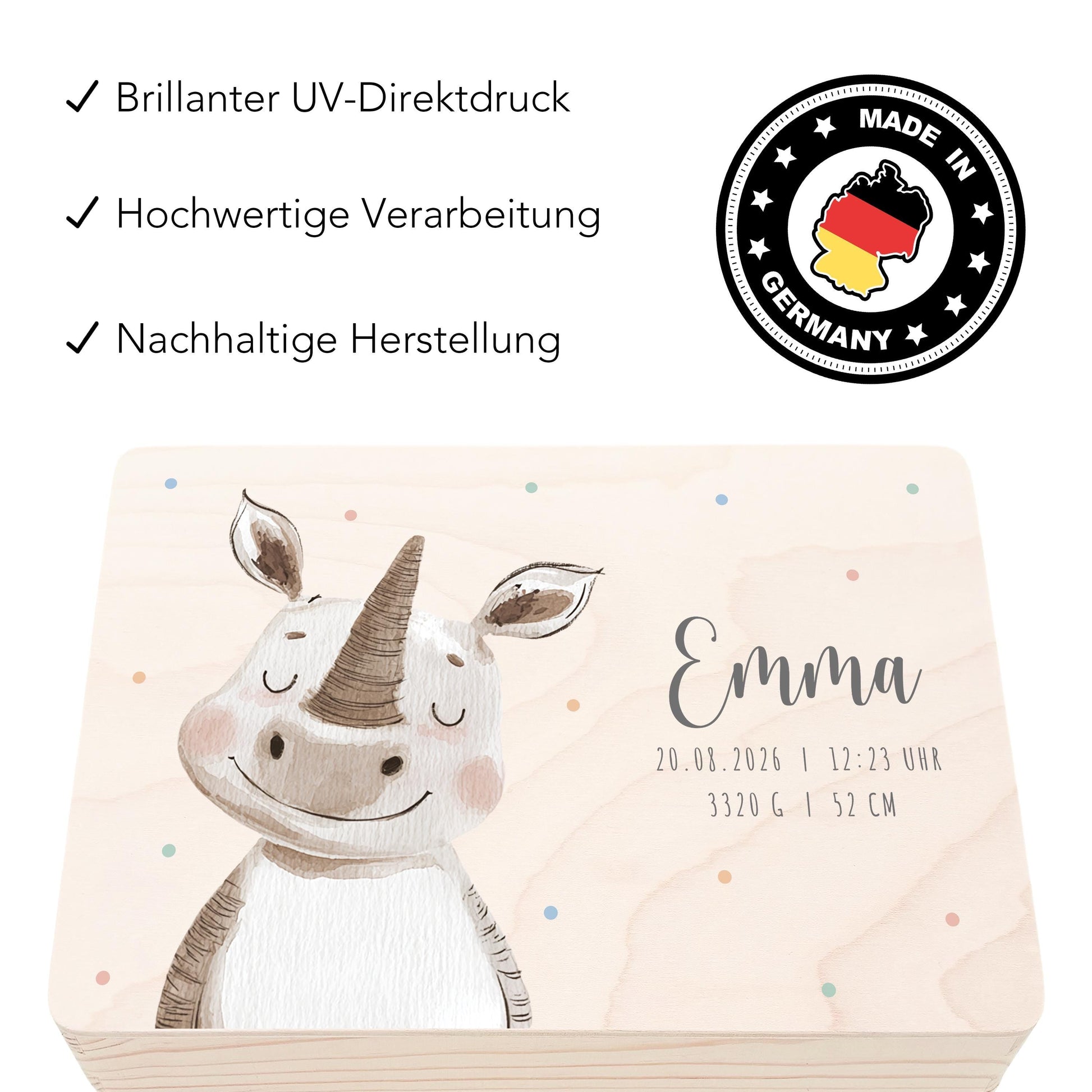 Erinnerungskiste Baby Nashorn Holzkiste personalisierte Erinnerungsbox Mädchen Junge Geschenk Geburt Geburtsgeschenk 30x20x13 cm
