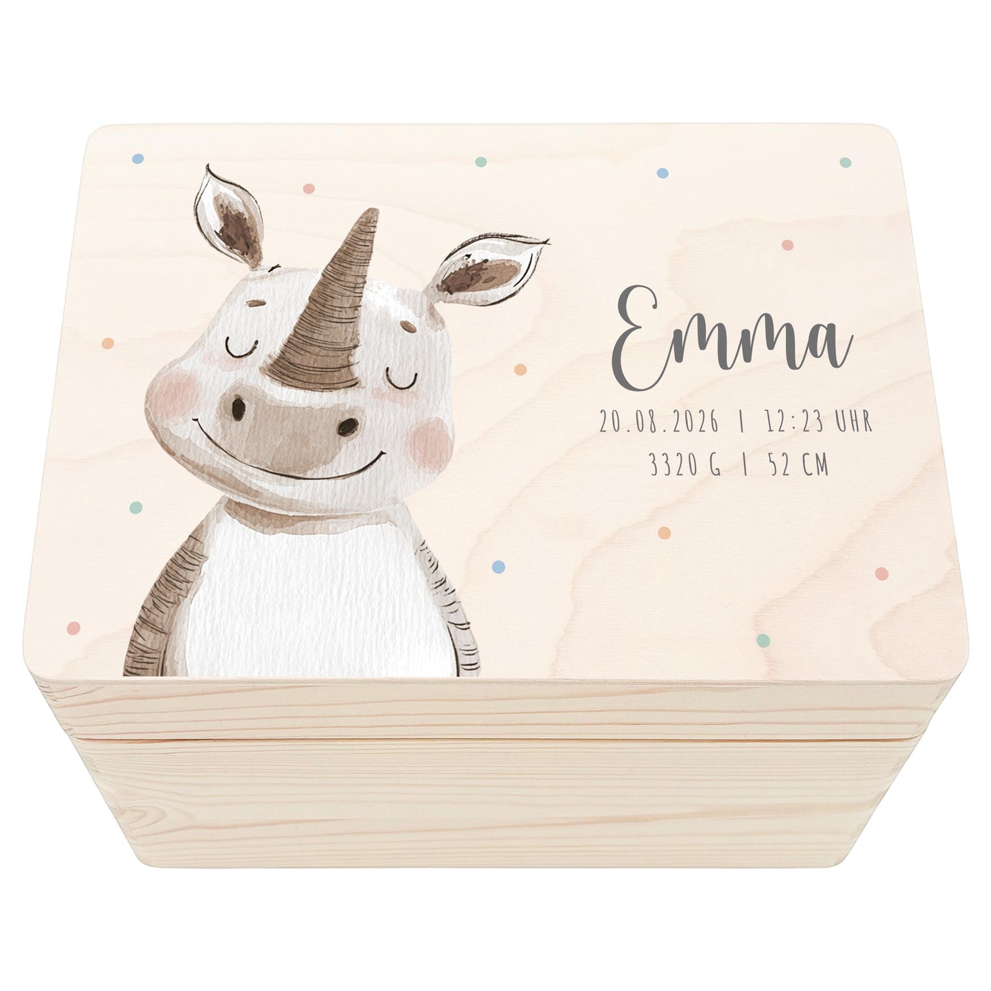 Erinnerungskiste Baby Nashorn Holzkiste personalisierte Erinnerungsbox Mädchen Junge Geschenk Geburt Geburtsgeschenk 30x20x13 cm
