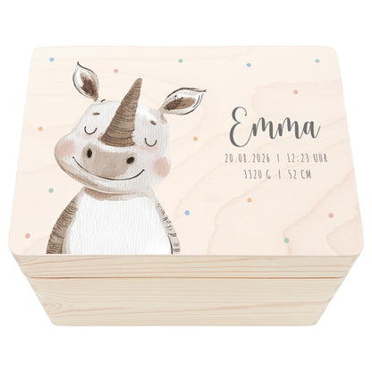 Erinnerungskiste Baby Nashorn Holzkiste personalisierte Erinnerungsbox Mädchen Junge Geschenk Geburt Geburtsgeschenk 30x20x13 cm